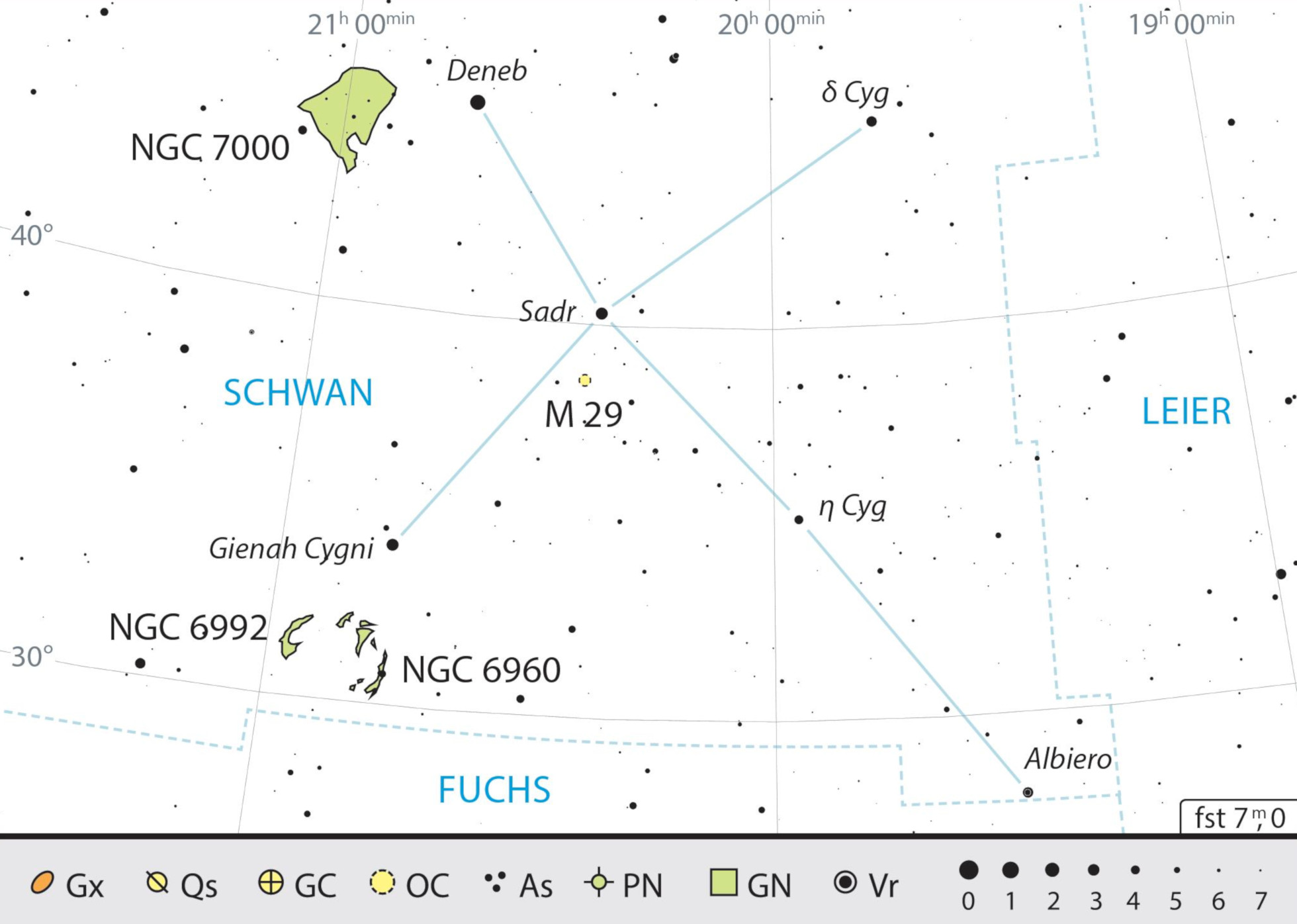 Mapa geral da constelação Cisne com as recomendações de observação. J.Scholten 
