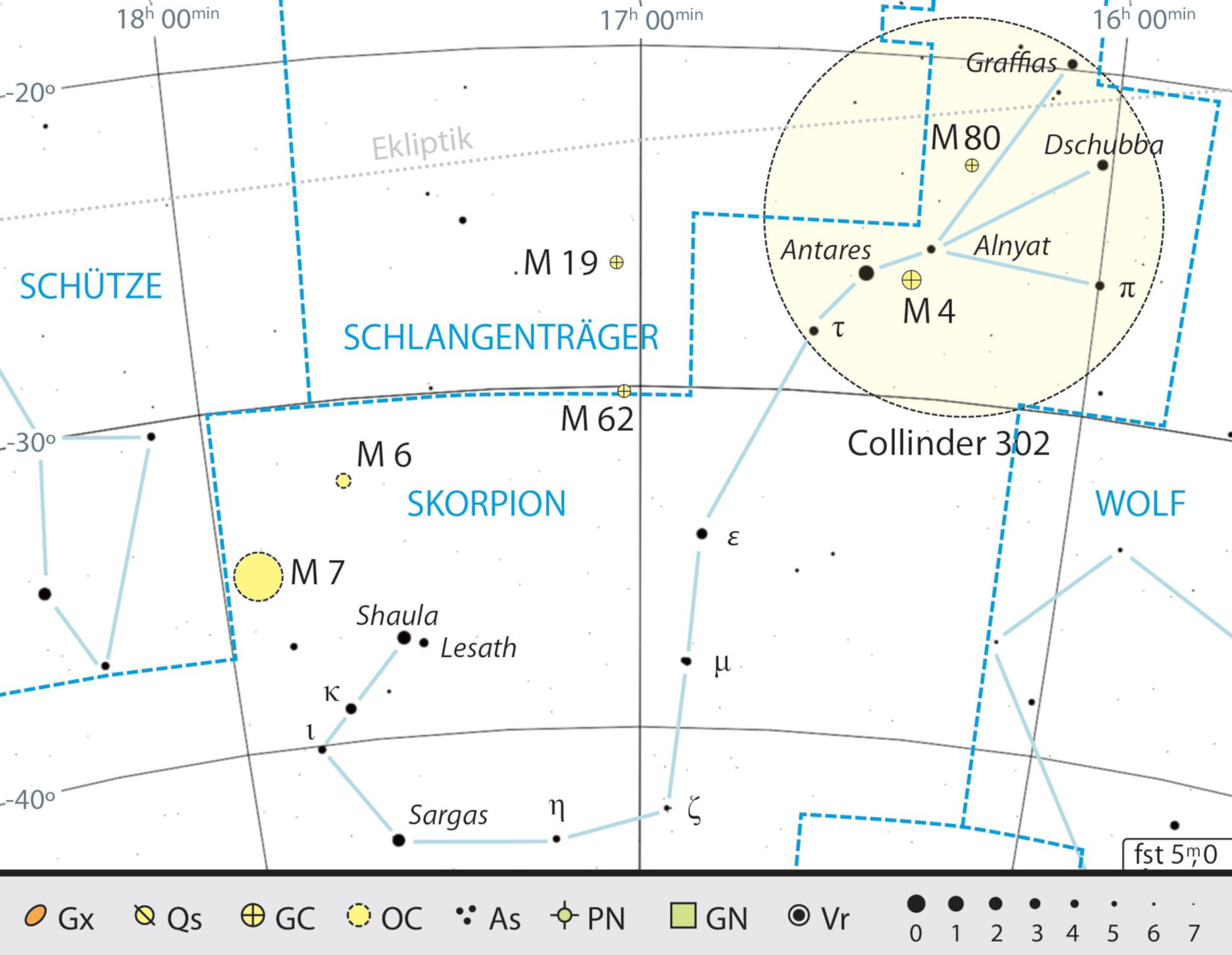 Mapa geral da constelação Escorpião com as recomendações de observação, incl. o aglomerado móvel Antares assinalado a vermelho. Kai v. Schauroth 