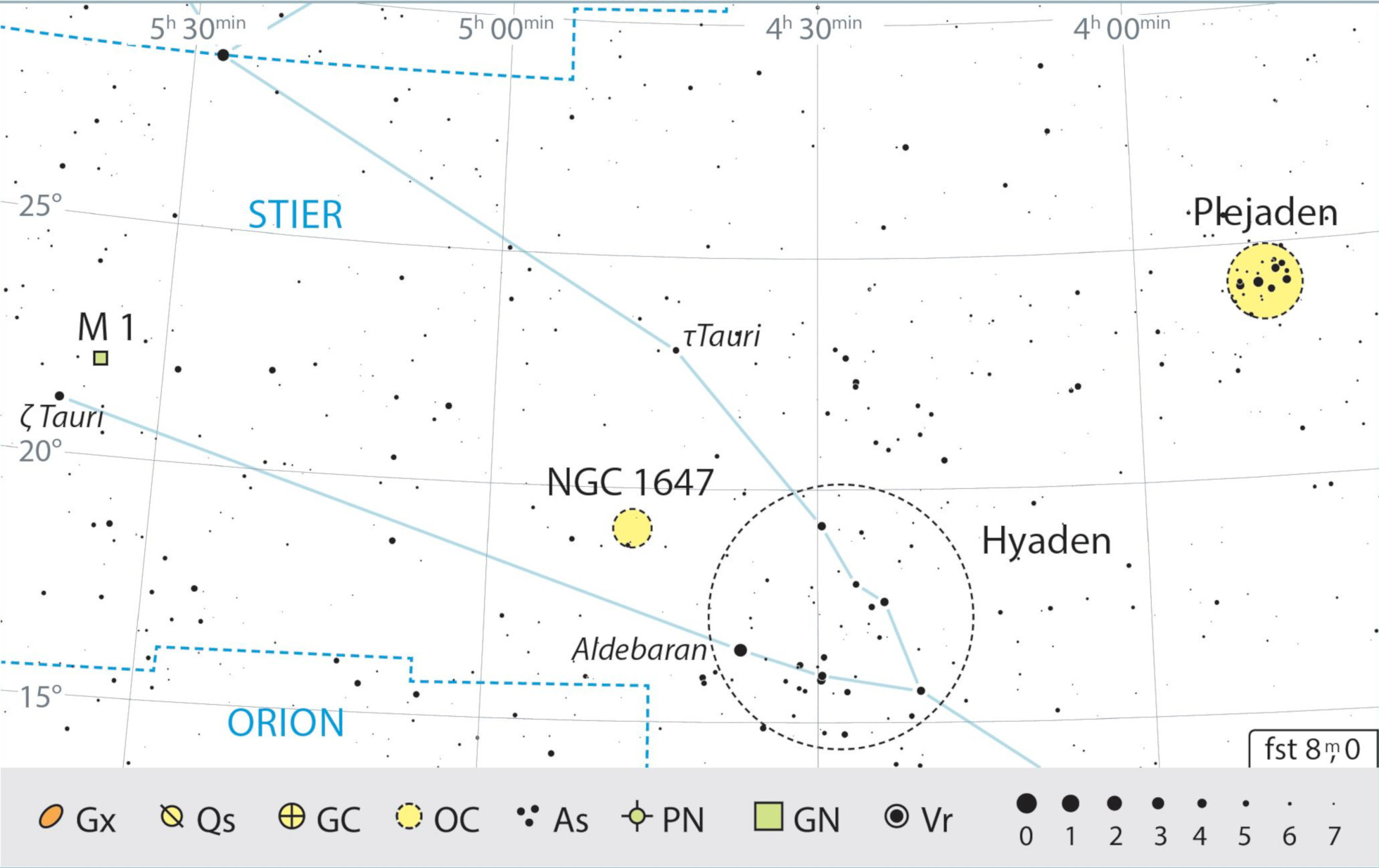 Mapa geral da constelação Touro com as recomendações de observação. J. Scholte 