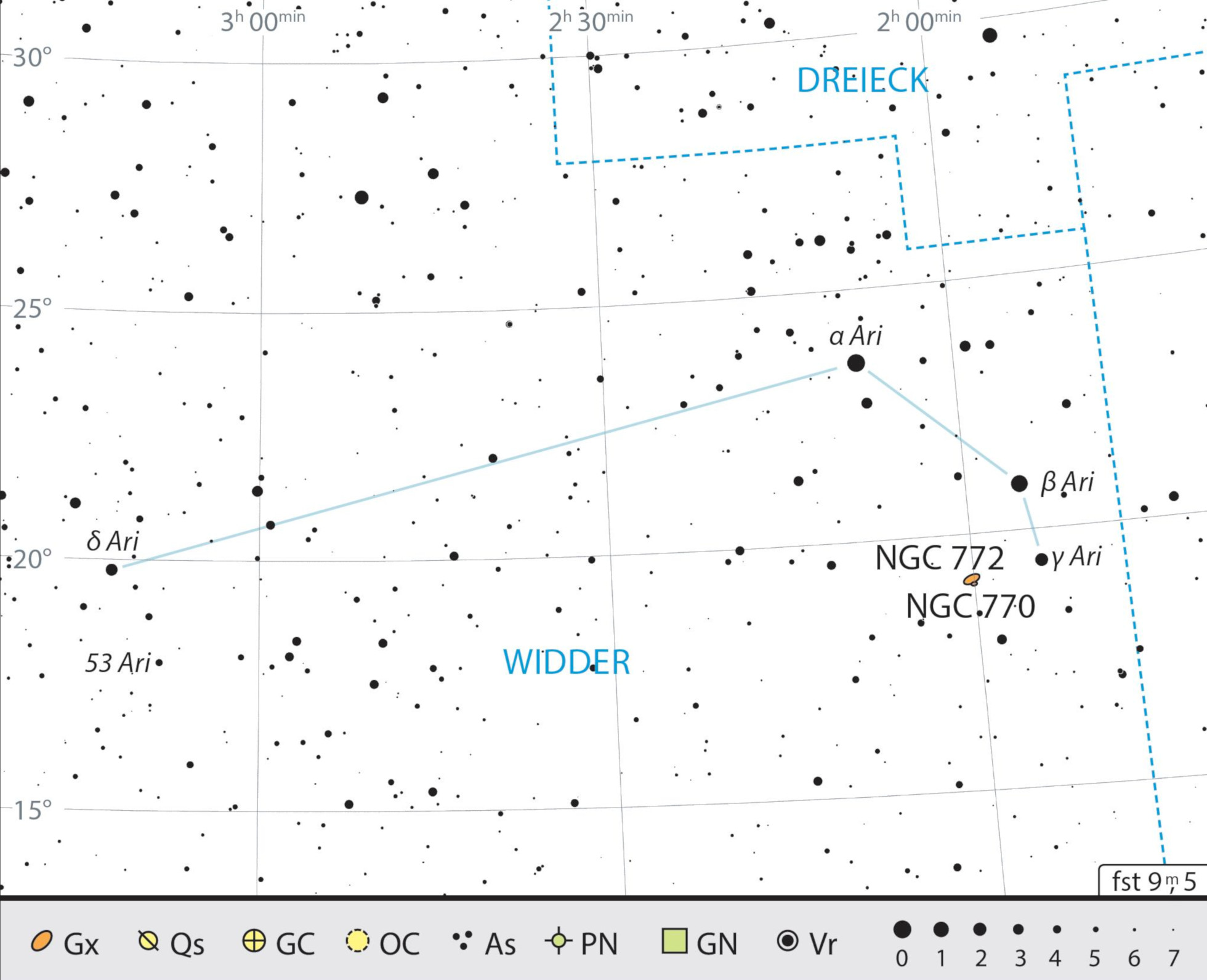 Mapa geral da constelação Carneiro com as recomendações de observação.