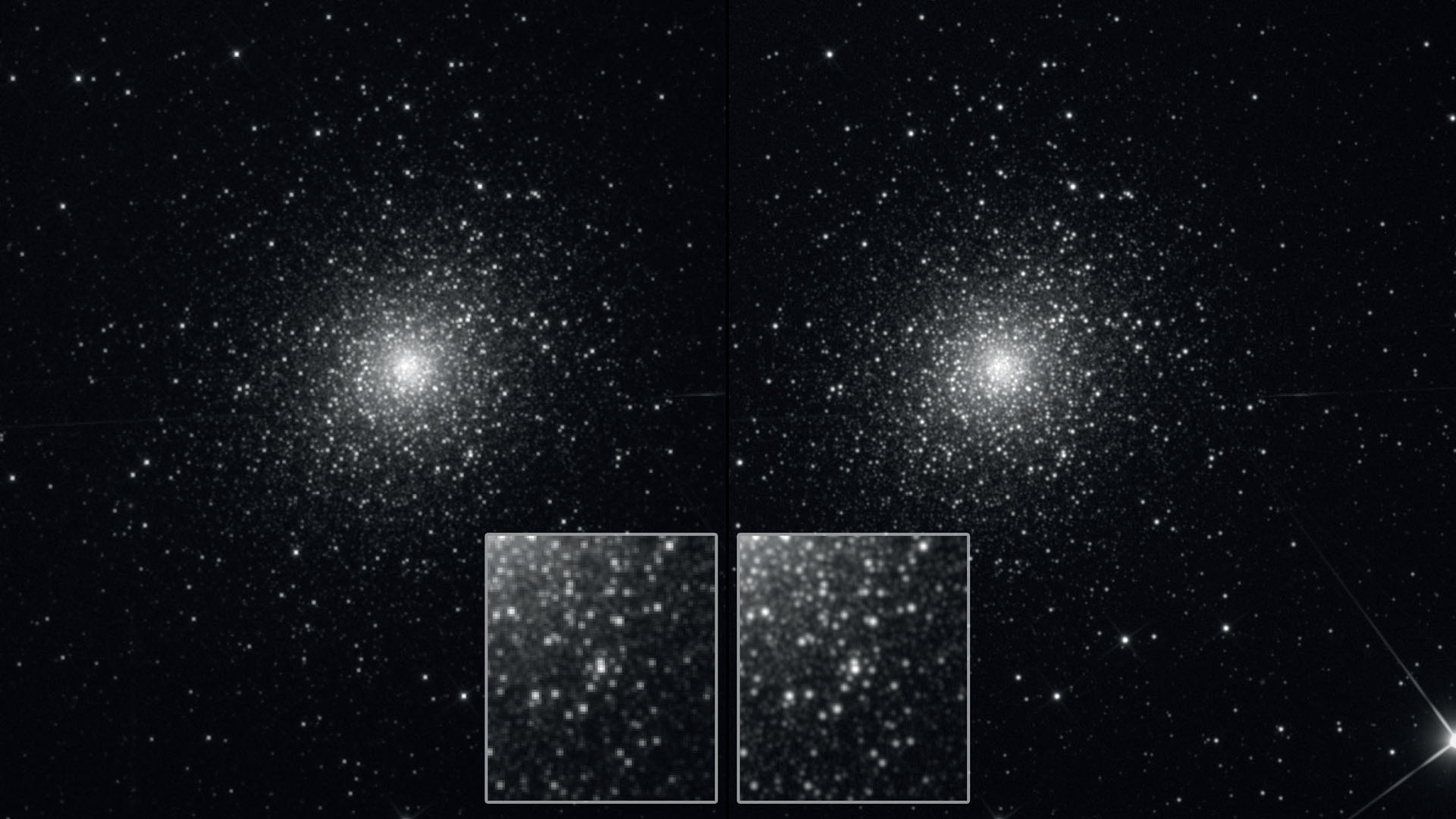 O enxame globular M5 à esquerda na versão normal, à direita com empilhamento com Drizzle de 20 captações com tempo de exposição de 300 s cada. A versão normal foi dimensionada para a mesma ampliação que a imagem do com Drizzle, para efeitos de comparação. A configuração para a captação estava situada no intervalo de subamostragem, reconhecível pelos muitos perfis estelares que não são idealmente reproduzidos e que possuem uma aparência um pouco pixelizada. Um refrator com uma abertura de 105 mm e uma distância focal de 670 mm foi equipado com uma câmara de 9 μm píxeis. A amostragem é, assim, de 2,77"/píxeis, com uma capacidade de resolução teórica de 1,14". Com a técnica de Drizzle (resultado à direita) é possível obter um desenho mais fino das estrelas densamente concentradas — pares de estrelas próximos são separados de forma mais clara. M. Weigand