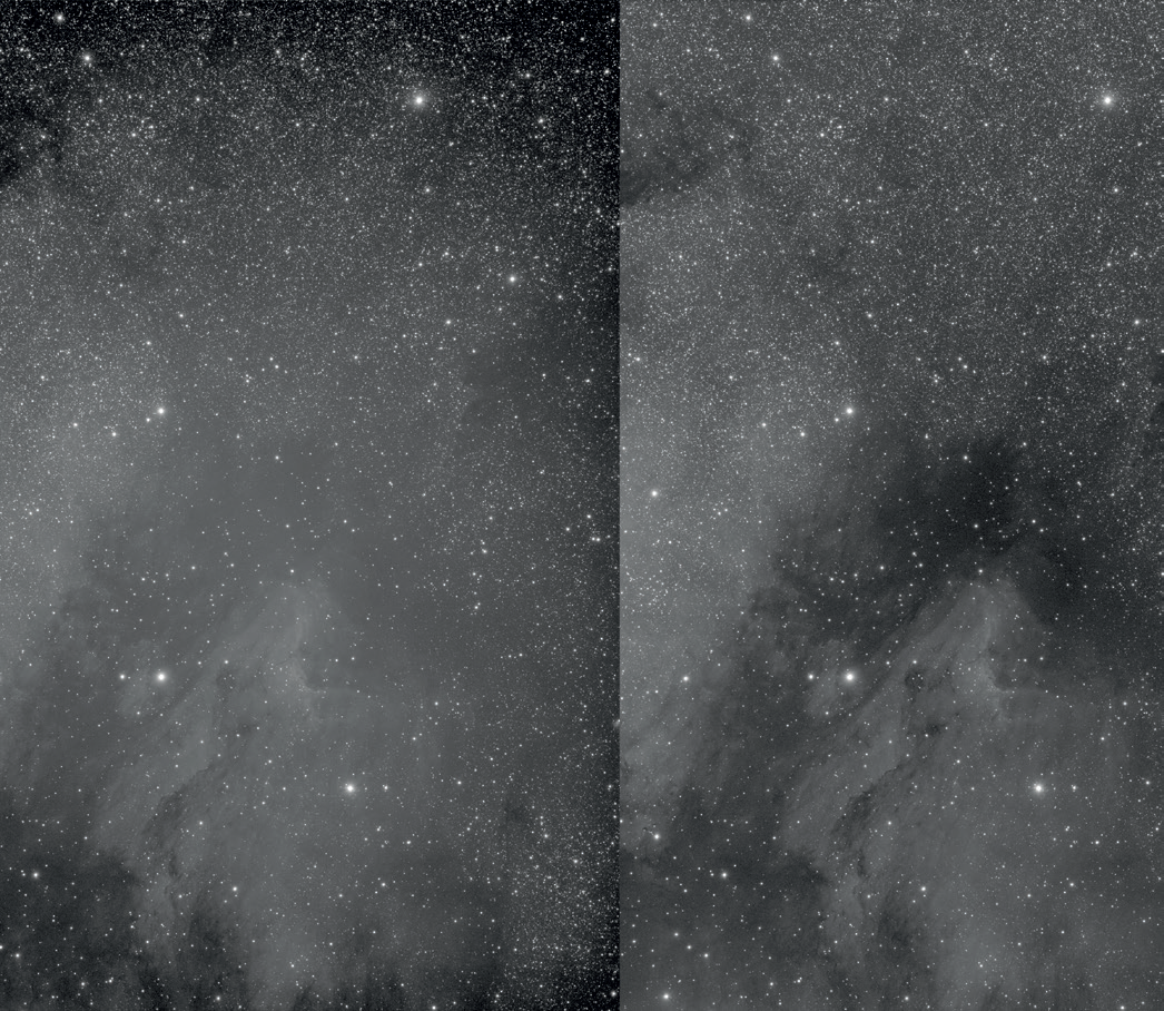 Uma imagem CCD com contraste intensificado da Nebulosa Pelicano antes (à esquerda) e depois da correção do flat field (à direita). A visibilidade das estruturas e das nuvens escuras melhora significativamente e os cantos escuros da imagem desaparecem. M.Weigand