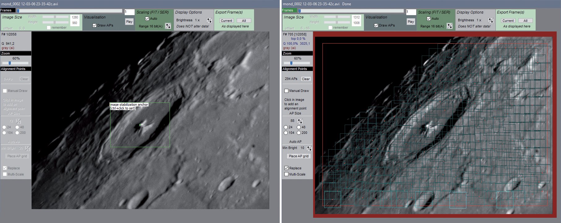 A janela de imagem com o ponto de estabilização na montanha central de Pitágoras, à esquerda, e a grelha de pontos de alinhamento à direita. M. Weigand
