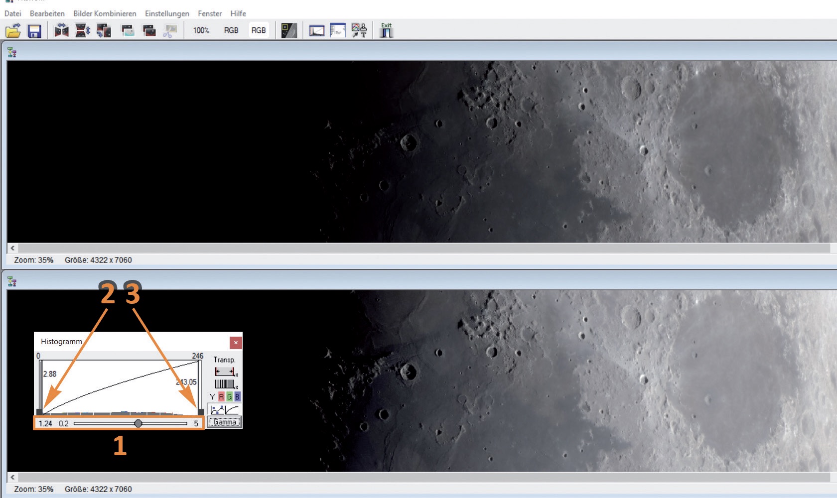 Com o controlo de deslize do gama (1), as partes escuras do terminador são ligeiramente iluminadas. Os níveis de preto (2) e branco (3) são utilizados para ajustar o contraste, se necessário. M. Weigand