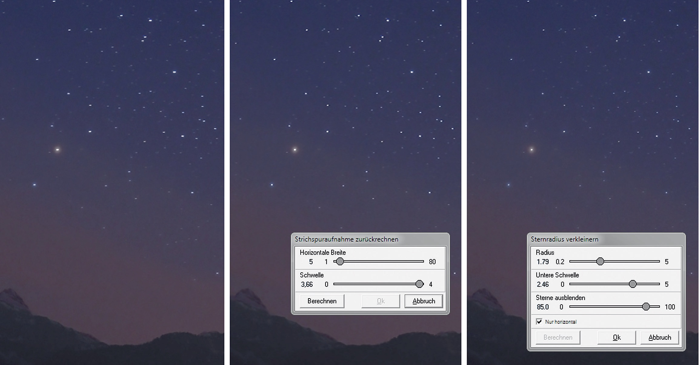 Uma fotografia da constelação Escorpião sobre os Alpes (à esquerda). A fotografia mostra estrelas claramente distorcidas mesmo quando é reduzida. A vista do meio mostra o resultado da função “Recalcular rastos” com os ajustes utilizados. À direita, é possível ver os ajustes e o resultado da função “Diminuir raio de estrela”. M.Weigand