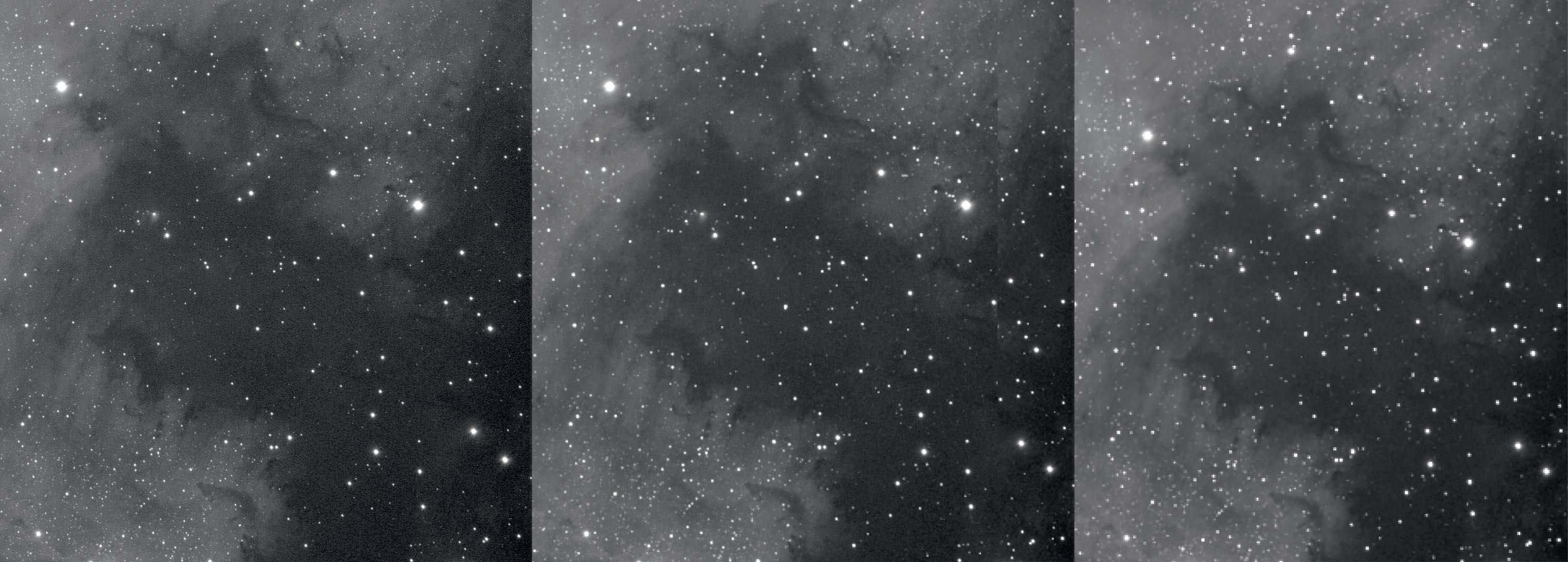 Uma secção da Nebulosa da América do Norte sem binning, com binnings de 2 e 3 vezes (da esq. para a dir.). O binning reduz a resolução e melhora a relação sinal/ruído. M.Weigand