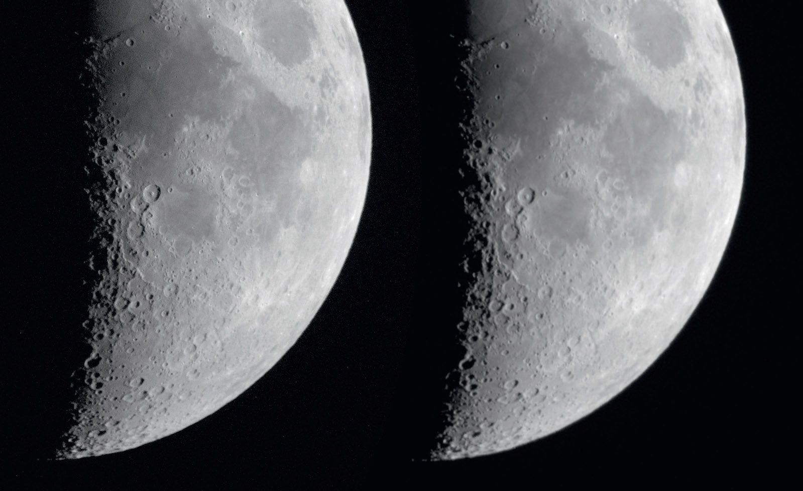 O efeito de um “reducer” pode ser muito bem ilustrado em fotografias lunares com tempos de exposição muito curtos. À esquerda, uma fotografia lunar com f/12,4 e, à direita, utilizando um “reducer” com f/6,7, com o mesmo tempo de exposição e abertura. A imagem com “reducer” foi aumentada para a mesma ampliação. M. Weigand