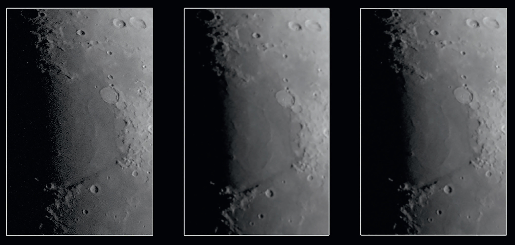 Secções ampliadas ilustram as diferenças: sem “reducer” (à esquerda), a resolução é a melhor, mas as estruturas em Mare Serenitatis no terminador perdem-se no ruído. Com “reducer” (ao centro), a imagem é claramente melhor, mas a nitidez dos detalhes também se deteriorou visivelmente. À direita: uma imagem posteriormente reduzida por software produz um ruído de imagem um pouco mais forte do que a verdadeira imagem do “reducer”. M. Weigand