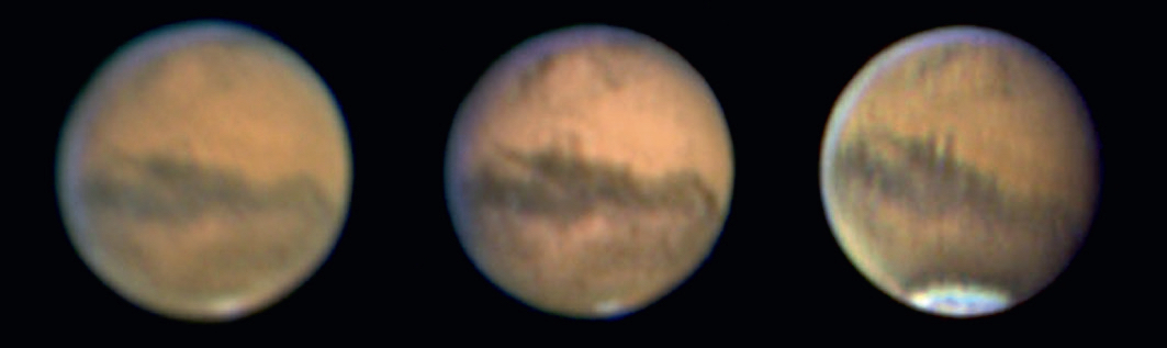 Fig. 4: Exemplo da utilização de um filtro de passagem de IV: em 2003, Marte estava também numa posição muito baixa no céu. Com más condições de “seeing” (esquerda), a imagem parece muito desfocada. O processo RGB por IV (centro) permite obter estruturas de albedo mais claras, mas, ainda assim, não permite obter uma qualidade de imagem RGB com as melhores condições de “seeing” (direita). Todas as imagens foram capturadas com um telescópio Maksutov de 150 mm. Mario Weigand