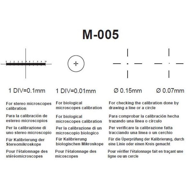 Optika M-005,  lâmina micrométrica, alcance 1 mm, divisão 0,01mm, 26x76 mm