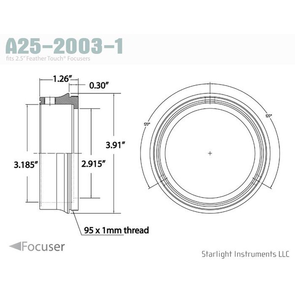 Starlight Instruments Adaptador de rosca macho 2.5" - 95x1mm, 0.9" L (Esta é nossa série de colares acoplados com Teflon FTF25)