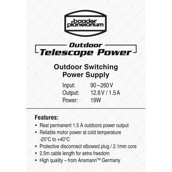 Baader Fonte de alimentação Outdoor Telescope Power 12,8V / 1,5A 19W com tomada em ângulo