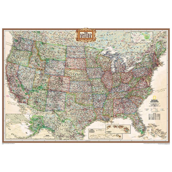 National Geographic Mapa antigo dos EUA político, grande