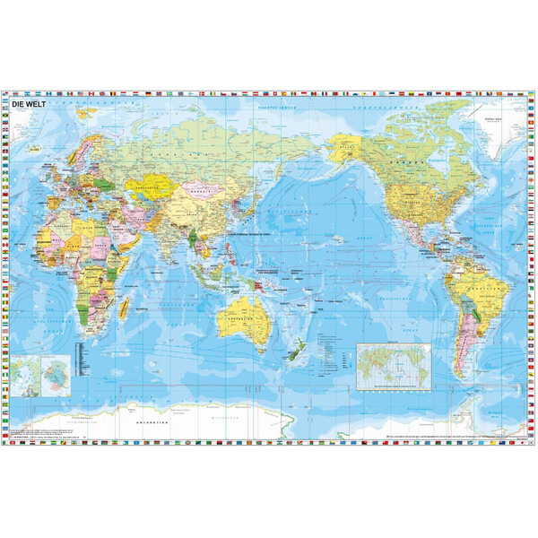 Stiefel Mapa mundial politisch pazifikzentriert mit Flaggenrand (98 x 68 cm)