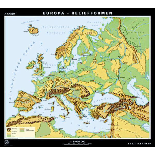 Klett-Perthes Verlag mapa de continente Europa relevo / formas da paisagem (P) 2 lados