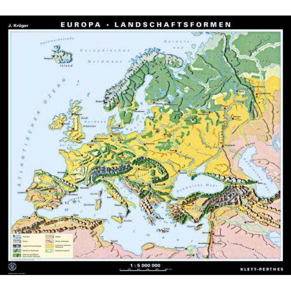 Klett-Perthes Verlag mapa de continente Europa relevo / formas da paisagem (P) 2 lados