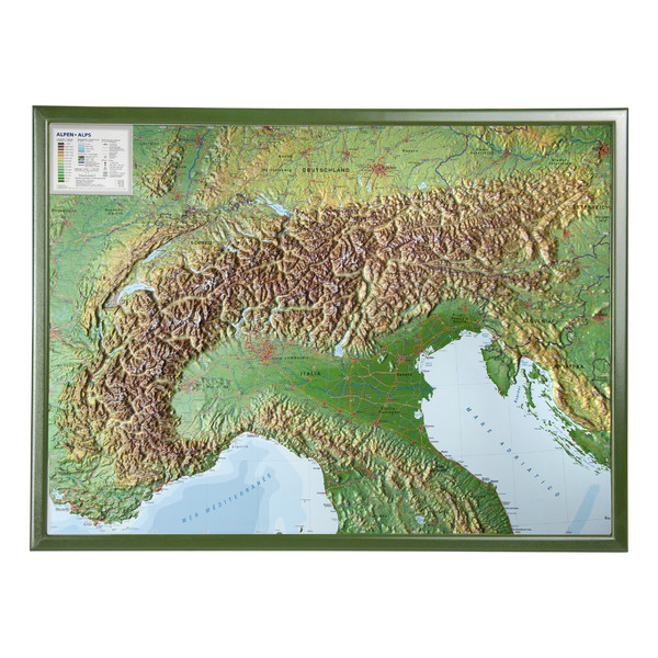 Georelief Mapa regional Large 3D relief map of the Alps in wooden frame (in German)