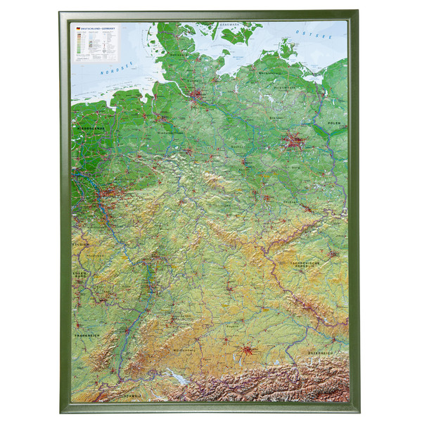 Georelief Mapa 3D em relevo da Alemanha (77x57) com Quadro de madeira