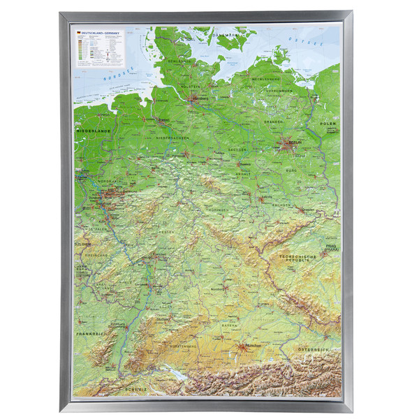 Georelief Mapa 3D em relevo da Alemanha (77x57) com Armações em alumínio