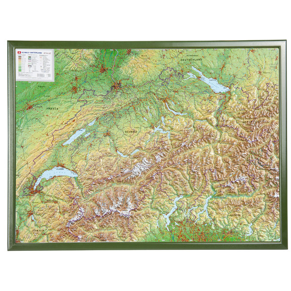 Georelief Suíça (77x57) Mapa 3D em relevo com moldura de madeira