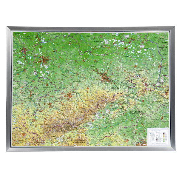 Georelief Mapa regional Large 3D relief map of Saxony in aluminium frame (in German)