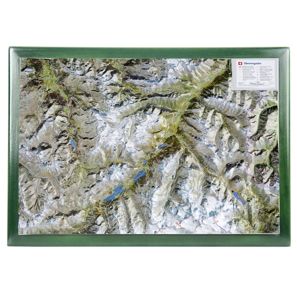 Georelief Mapa regional Map of the Upper Engadine in wooden frame (in German)