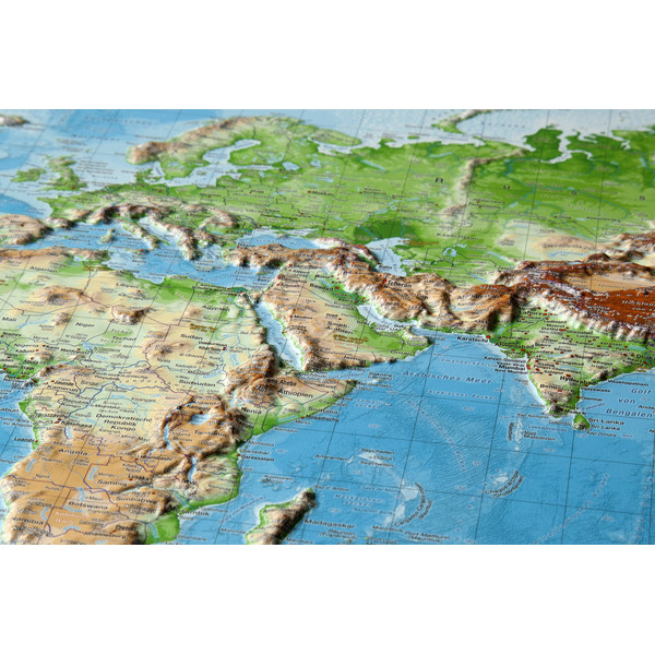 Georelief Mapa mundial Large 3D relief map of the World, in aluminium frame (in German)