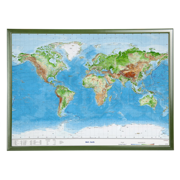 Georelief Mapa mundial World map, large 3D relief map with wooden frame (in German)