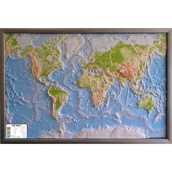 geo-institut Mapa mundial Silver line physical relief map of the world (in German)