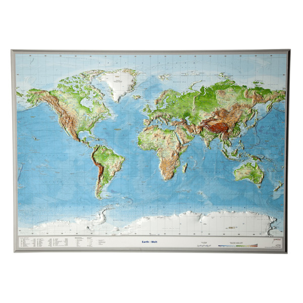 Georelief Mapa do mundo em grande escala, relevo 3D, Inglês