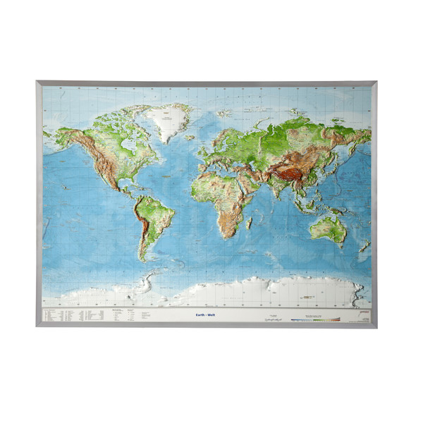 Georelief Mapa-mundo em relevo 3D de grandes dimensões com armações em alumínio, Inglês
