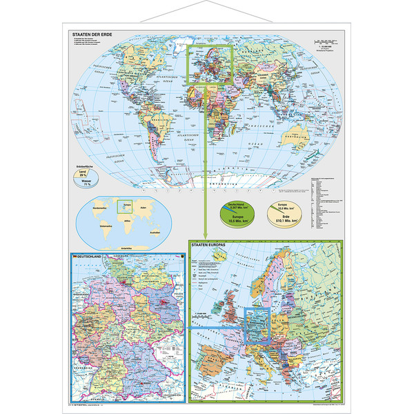 Stiefel Mapa Map of Germany and Europe in the World (in German), with metal strip