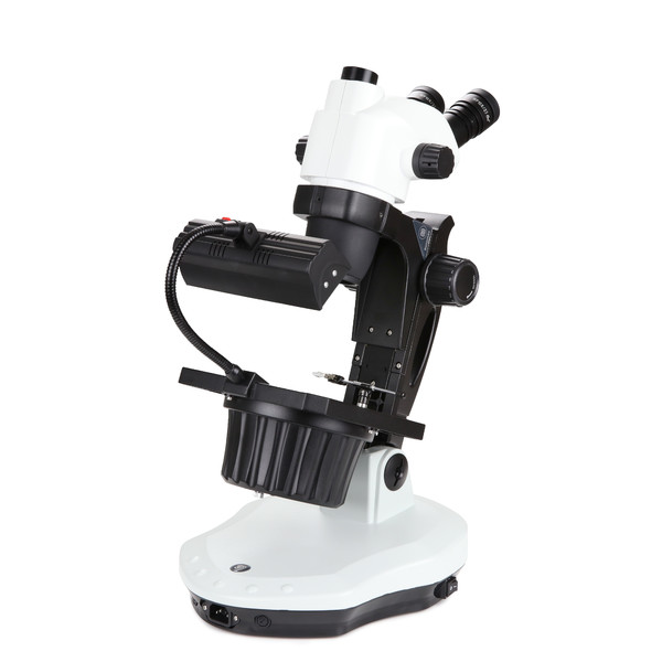 Euromex Microscópio estéreo zoom NZ.1703-GEMF, 6.7X to 45X, gemology microscope, 30W 6V halogen transmitted lighting, 7W fluorescent gas discharge lamp incident illumination