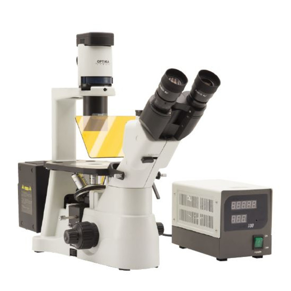 Optika Microscópio IM-3FL4-SWIV, trino, inverso, FL-HBO, filtro B&G, IOS LWD U-PLAN F, 100x-400x, CH, IVD