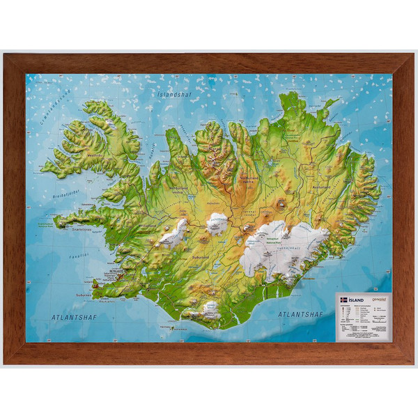 Georelief Mapa Island (klein) mit Holzrahmen, 3D Reliefkarte
