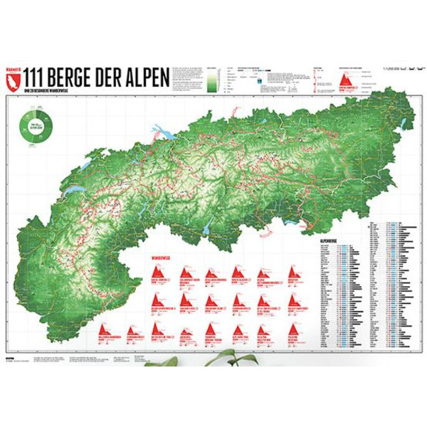 Marmota Maps Mapa regional Map of the Alps with 111 Mountains and 20 Mountain trails