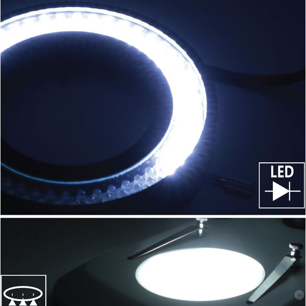 Optika Microscópio estéreo zoom SZO-5 , bino, 6.7-45x, Säulenstativ, Auf-, Durchlicht, Doppelspot