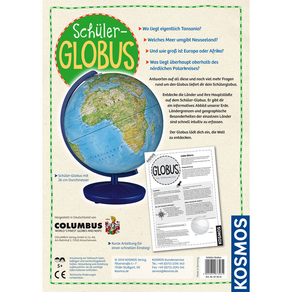 Kosmos Verlag Globos para crianças Schülerglobus physisch 26cm