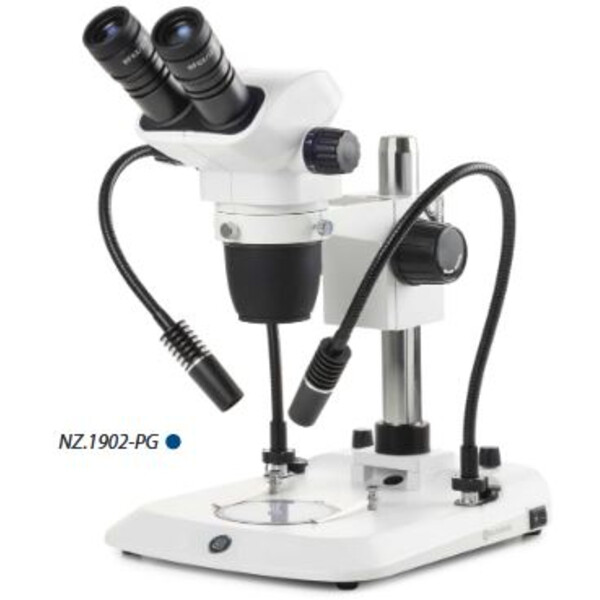 Euromex Microscópio estéreo zoom NZ.1902-PG, 6,7-45x, Coluna, 2 Pescoços de cisne, Luz trasmitida, bino