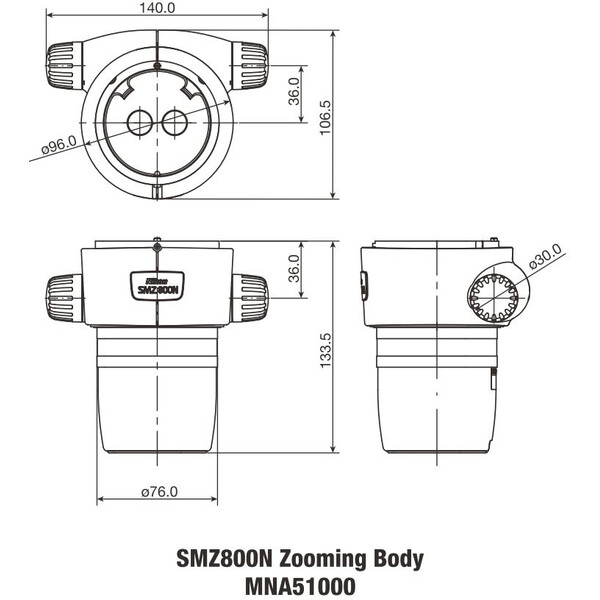 Nikon Cabeça estereoscópica SMZ-800N Stereo Zoom Head, bino, 10-80x, click stop, ratio 8:1, 64 mm, 20°, WD 78 mm