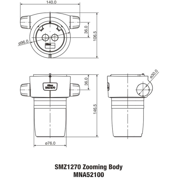 Nikon Cabeça estereoscópica SMZ-1270 Stereo Zoom Head, bino, 6.3-80x, click stop, ratio 12.7:1, 64 mm, 20°, WD 70 mm