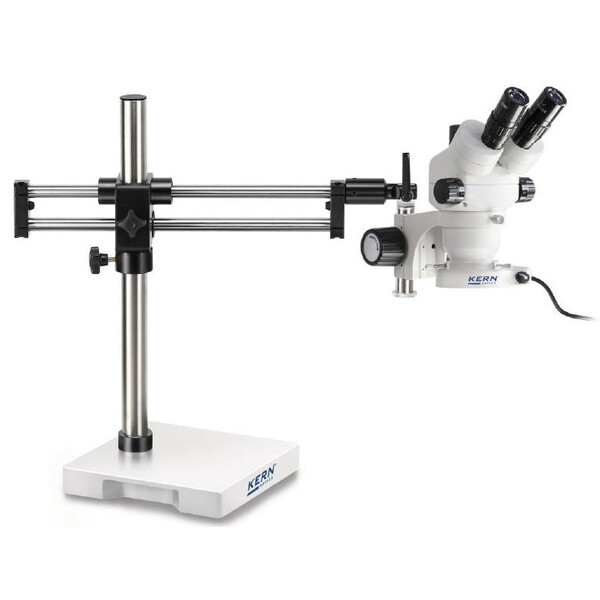 Kern Microscópio estéreo zoom OZM 932, bino, 7-45x, HSWF 10x23 mm, Tripé braço duplo, 430x480mm, w. tampo da mesa, Anel de luz LED 4.5 W
