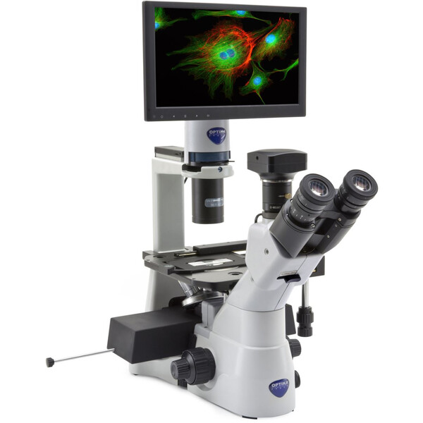 Optika Microscópio invertido IM-3LD4D, 6MP, Mostrador de 12", trino, IOS U-PLAN F, LED 12, LWD, 400x, 4 ranhuras para filtros vazias