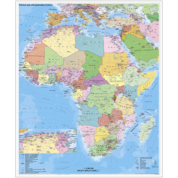 Stiefel mapa de continente Afrika politisch mit PLZ auf Platte zum Pinnen