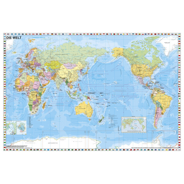 Stiefel Mapa mundial Welt politisch pazifikzentriert mit Flaggenrand (98x68)