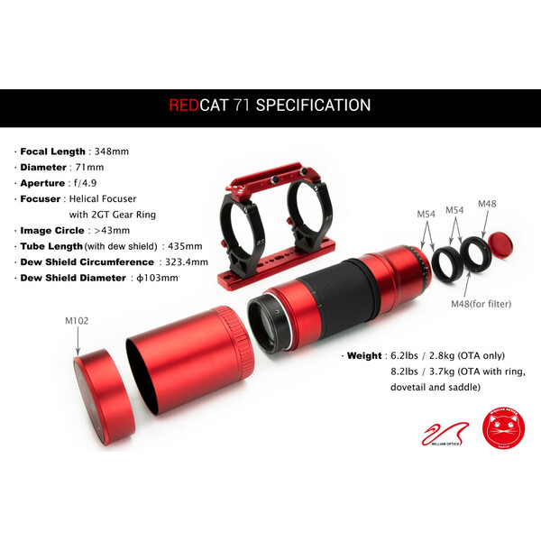 William Optics Refrator apocromático AP 71/350 RedCat 71 OTA