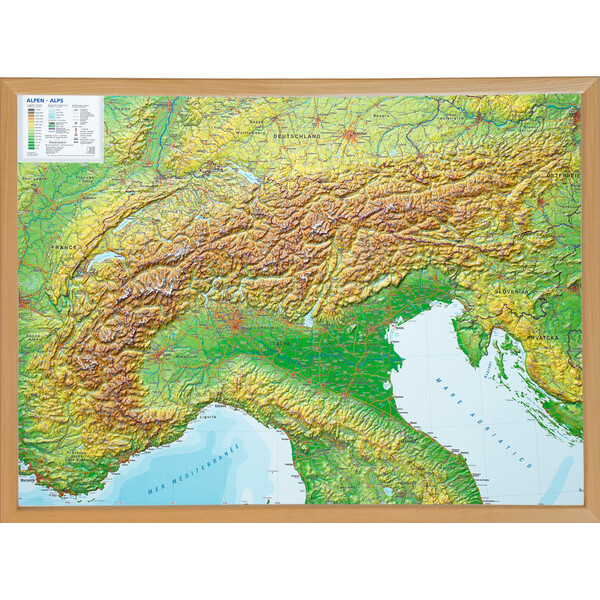 Georelief Mapa regional Large 3D relief map of the Alps in wooden frame (in German)