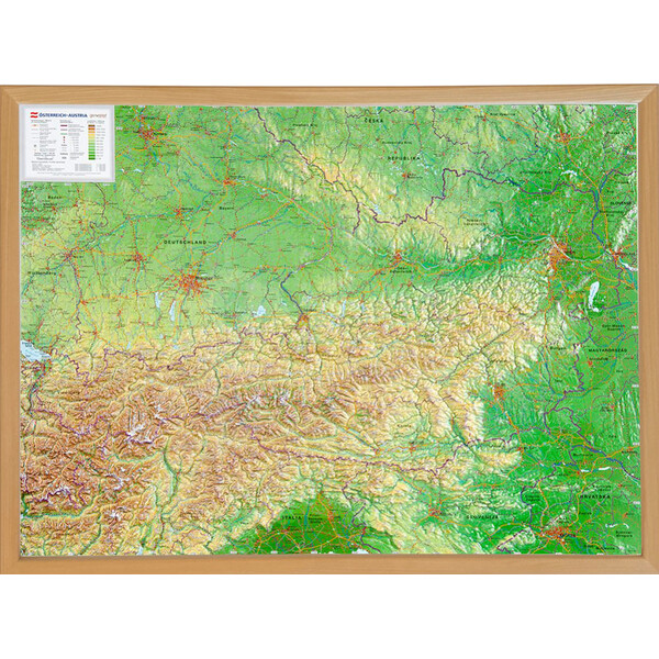 Georelief Mapa Large 3D relief map of Austria, in wooden frame (in German)