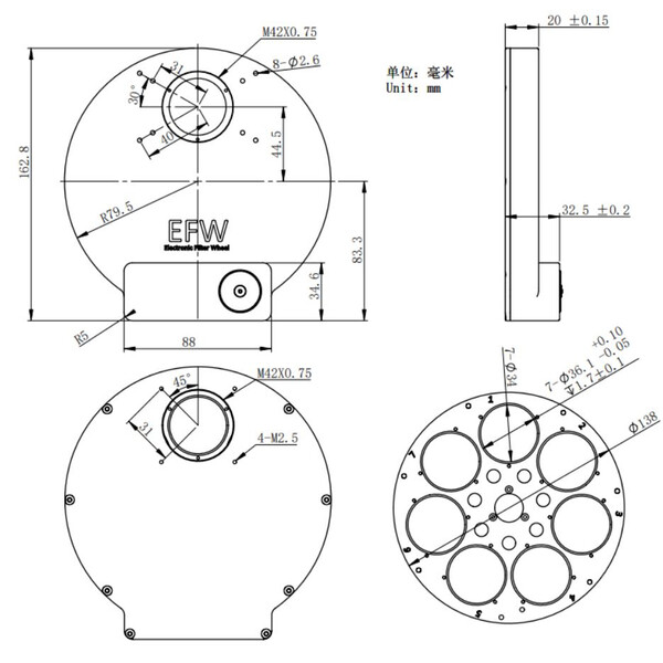 ZWO Roda de filtros motorizada EFW 7x36mm II