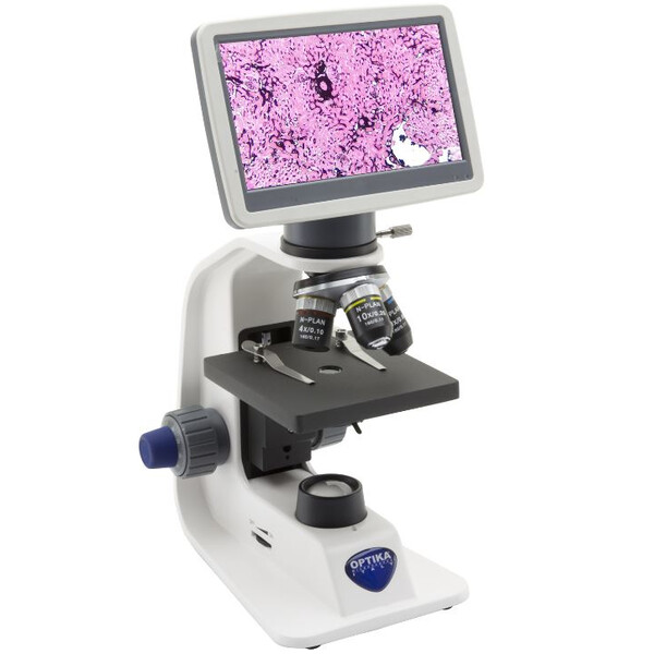 Optika Microscópio B-151R-PLV, Digital, mono, DIN, n-plano, 40x-400x, LED 1W, 2 MP, 30fps, LCD, +cabeça, bateria recarregável